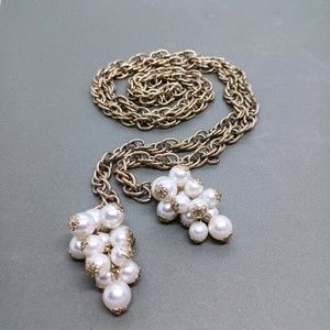 Vintage Necklace Belt Lariat Gold Tone Twisted  Chain Faux Pearl Clusters 42 In